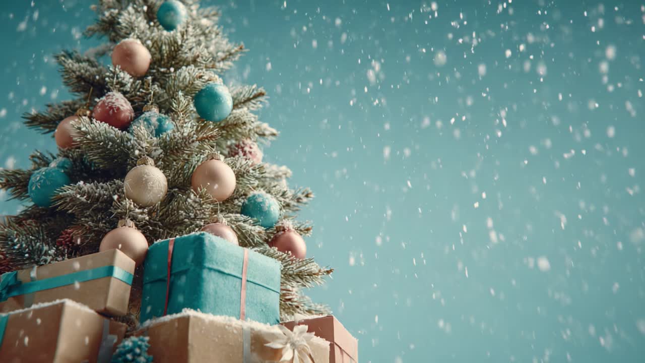A Beautifully Decorated Christmas Tree Surrounded by Colorful Gifts and Falling Snowflakes, Perfect for Celebrating the Festive Holiday Season