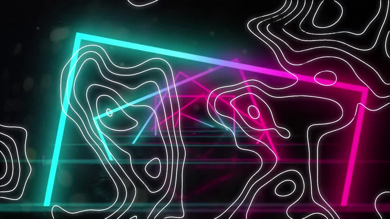 Animation of neon squares and isohypses on black background