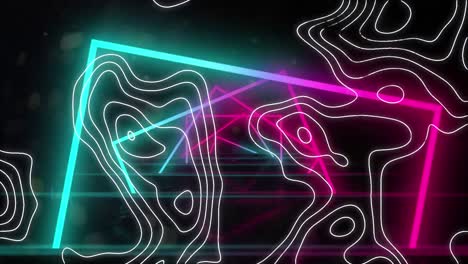 Animation-of-neon-squares-and-isohypses-on-black-background