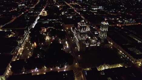 Night-aerial-shot-in-orbit-of-the-cathedral-of-Puebla-Mexico