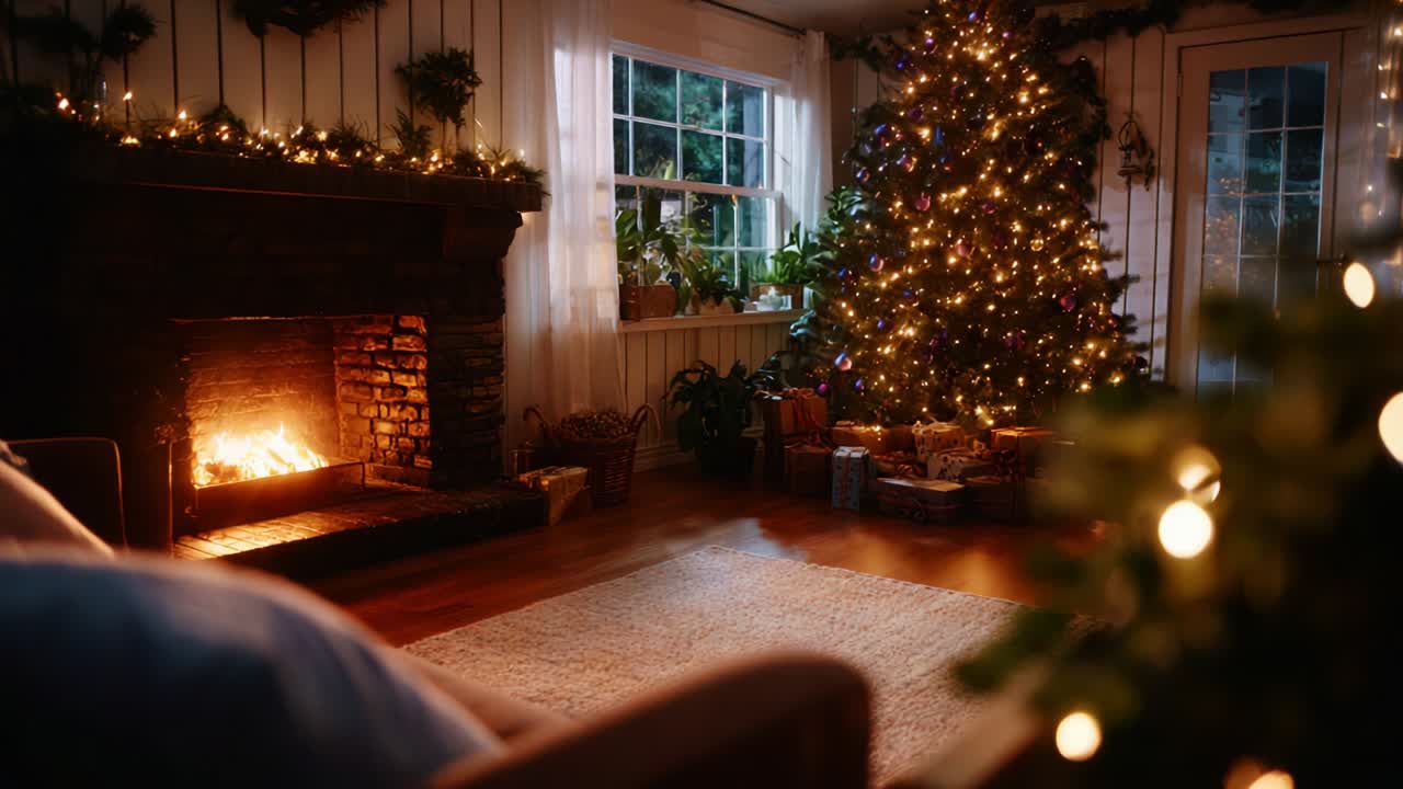 A Cozy Winter Evening: Warm Glow of the Fire, Sparkling Lights on the Christmas Tree, and a Tranquil Atmosphere in a Charming Living Room Perfect for Family Gatherings and Celebrations