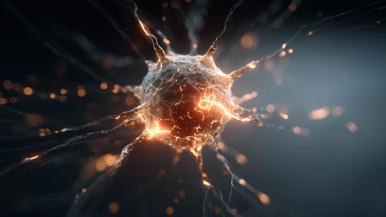 Dynamic Visualization of a Neuron with Electrifying Activity Depicted in Two Frames, Showcasing Its Intricate Structure and Neon Glow with Particle Motion