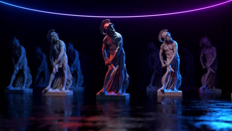 escultura de filopoemen iluminada por luz de neón. objeto de arte de museo obtenido por escaneo 3d. diseño futurista retro. animación 3d