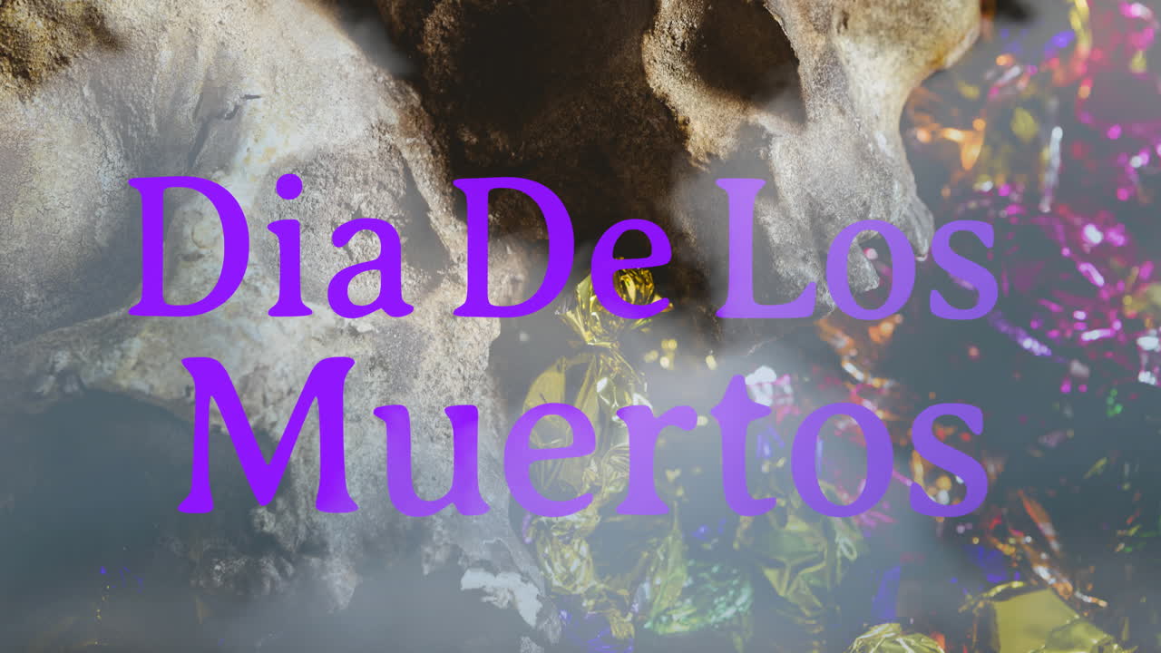 animación de dia de los muertos sobre las calaveras en el fondo
