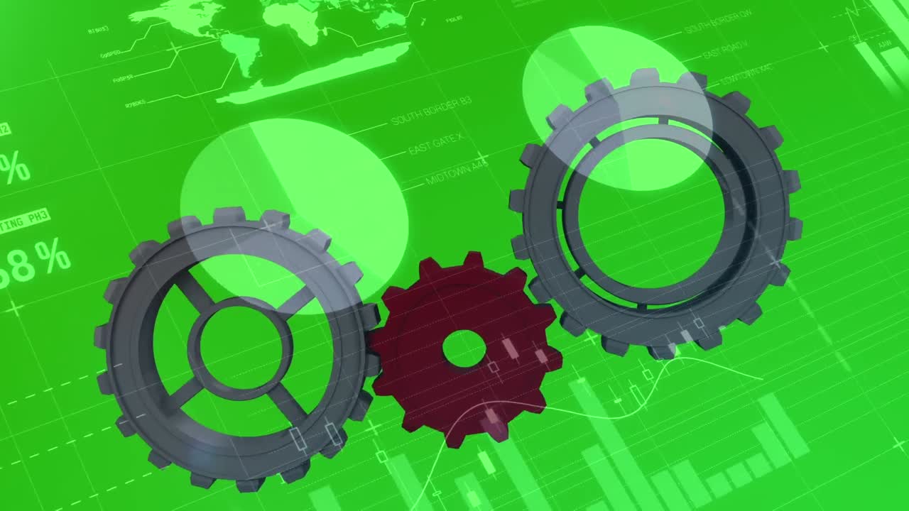 Animação de engrenagens girando sobre gráficos em fundo verde