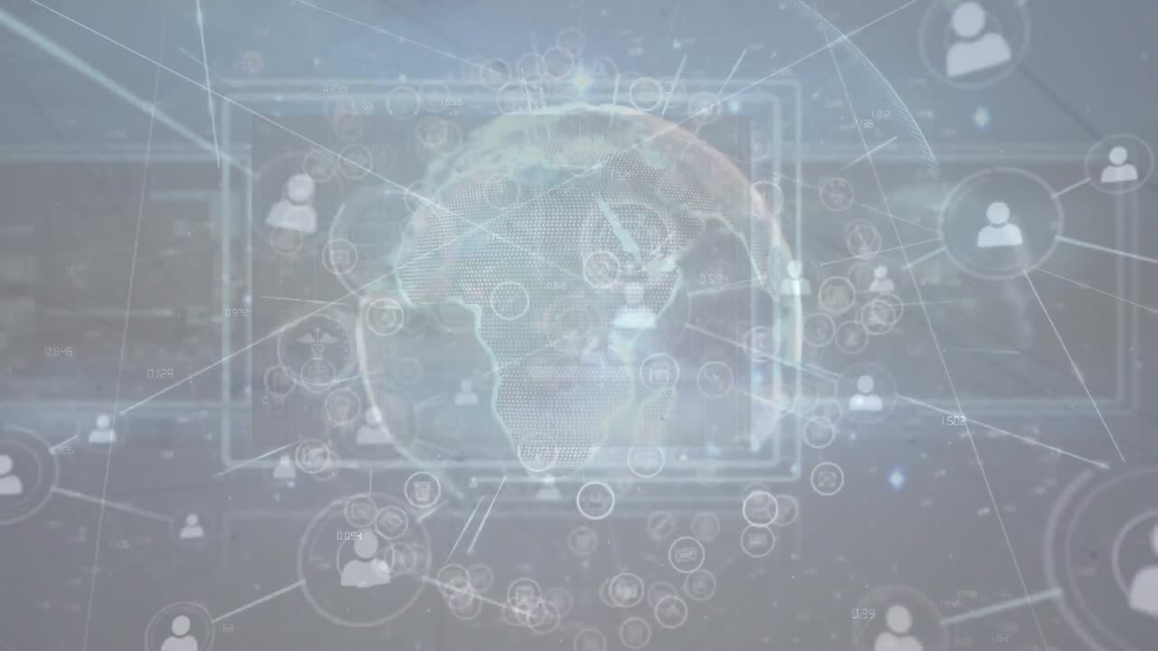 사람들과의 연결 네트워크와 함께 지구의 애니메이션 아이콘과 반 ⁇ 이는 반점