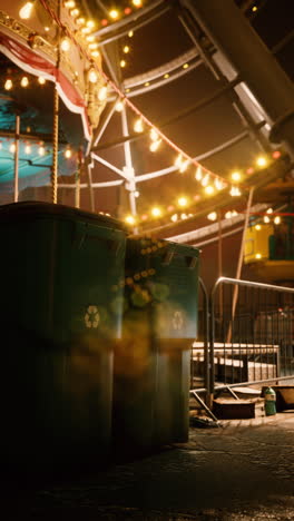 night time view of a street with trash cans in front of a ferris wheel