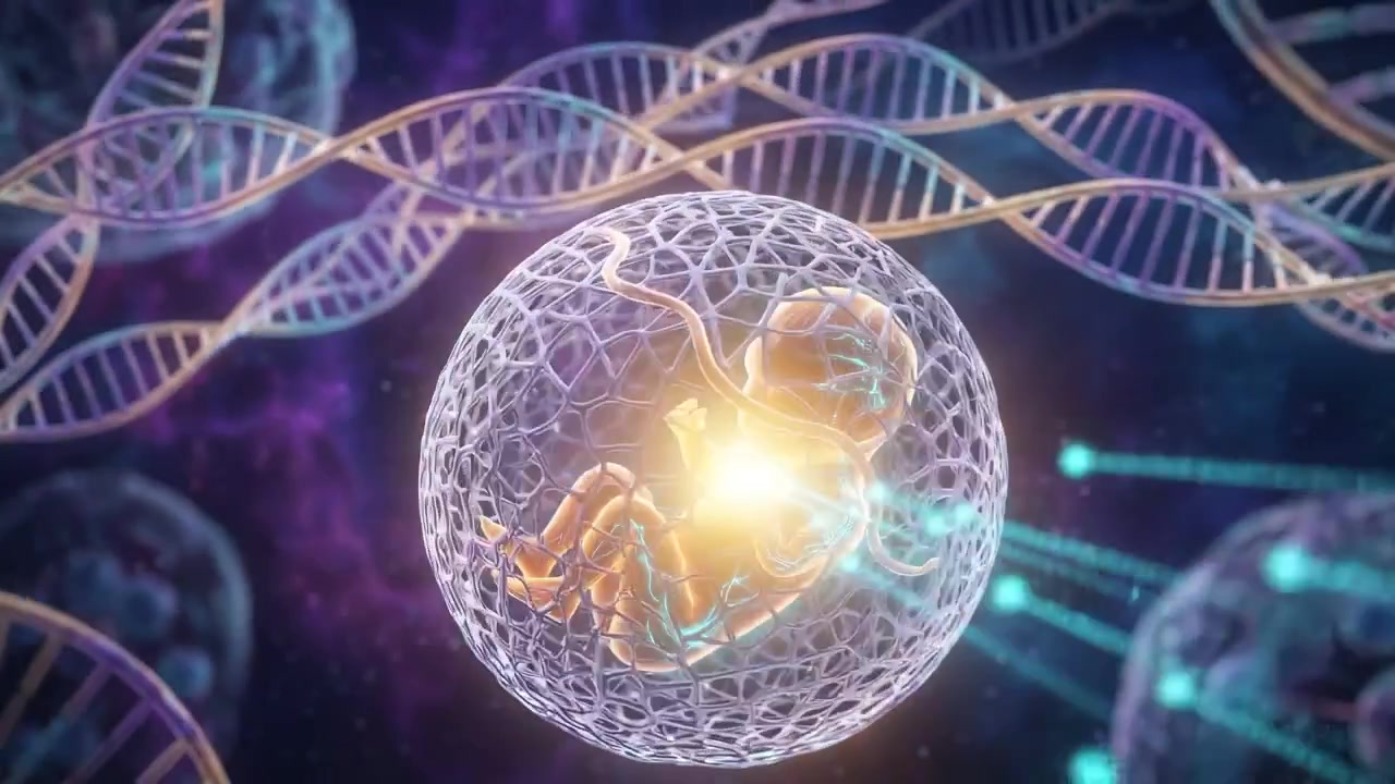 Feto umano che cresce nel sacco amniotico con sfondo di filamenti di DNA luminosi