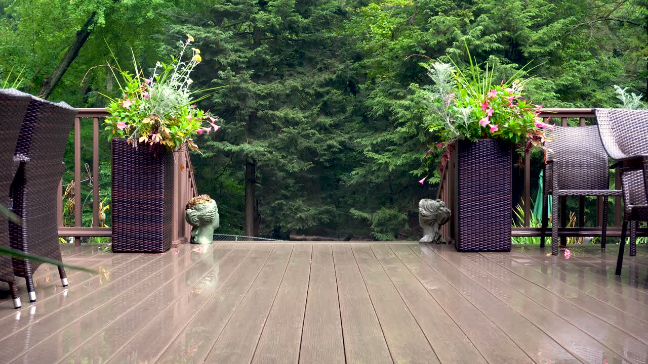 A verdant woodland lays behind a gorgeous deck, featuring wicker furniture and lush planters