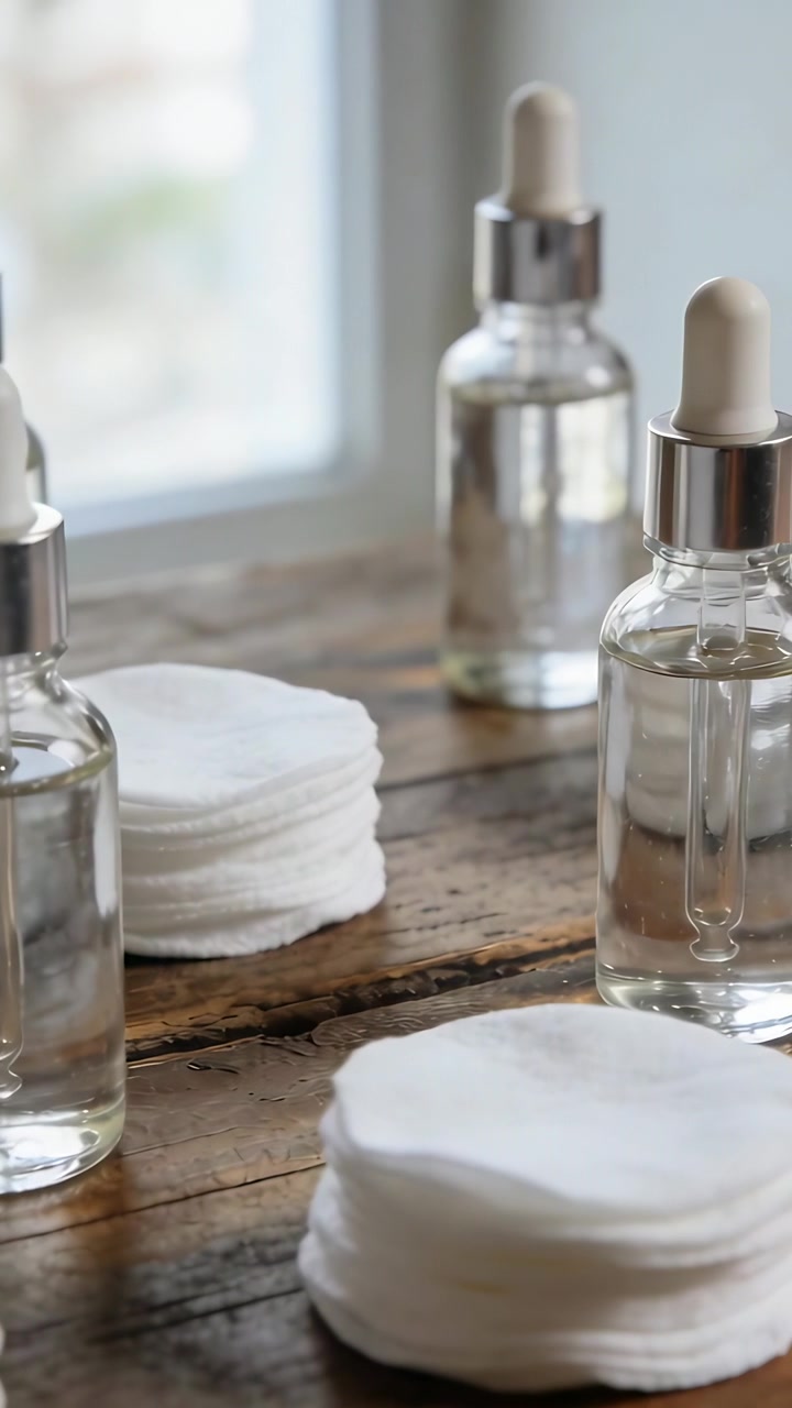 Vertikal video: Skiftende kamera bevæger glasdråbetæller i fokus ved sminkebord, viser pipette og rondeller.