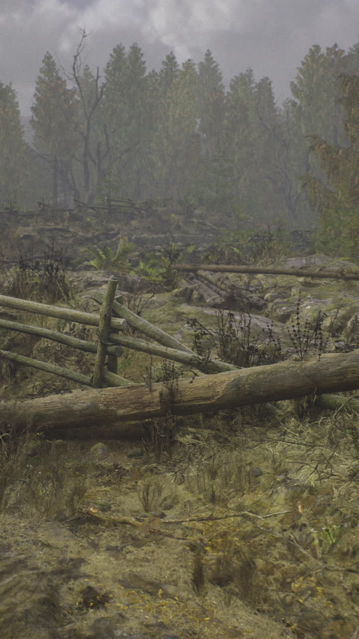 Misty landscape with wooden fence and overcast sky in a serene forest