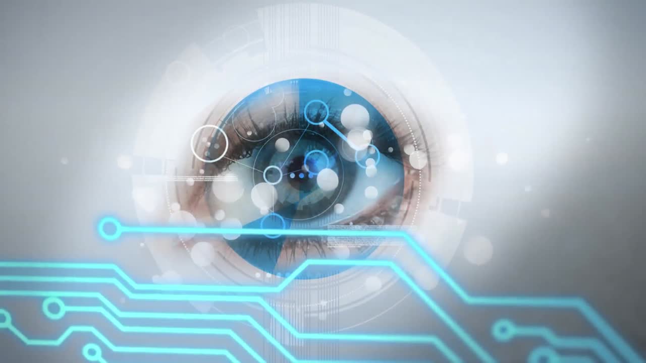 conexiones de microprocesador y puntos de luz contra el primer plano del ojo femenino