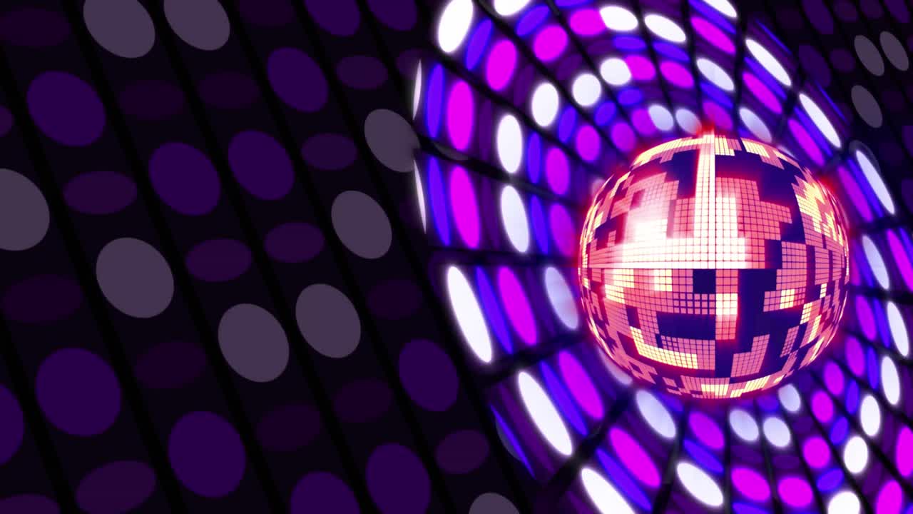 animación de una bola de espejo de discoteca girando sobre focos púrpuras y rosas