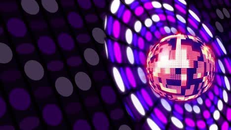 Animation-of-disco-mirror-ball-spinning-over-purple-and-pink-spotlights