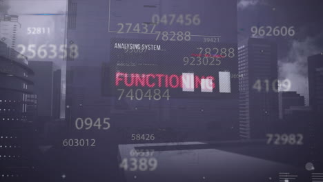 animation of texts, changing numbers and computer language over buildings against cloudy sky