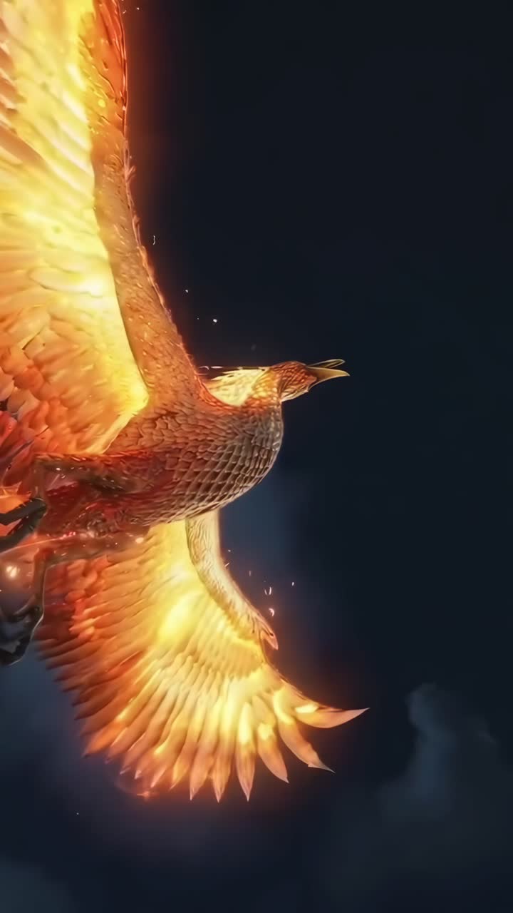 Una fenice infuocata si libra in un cielo notturno, ripresa dal basso, evocando una scena video fantasy