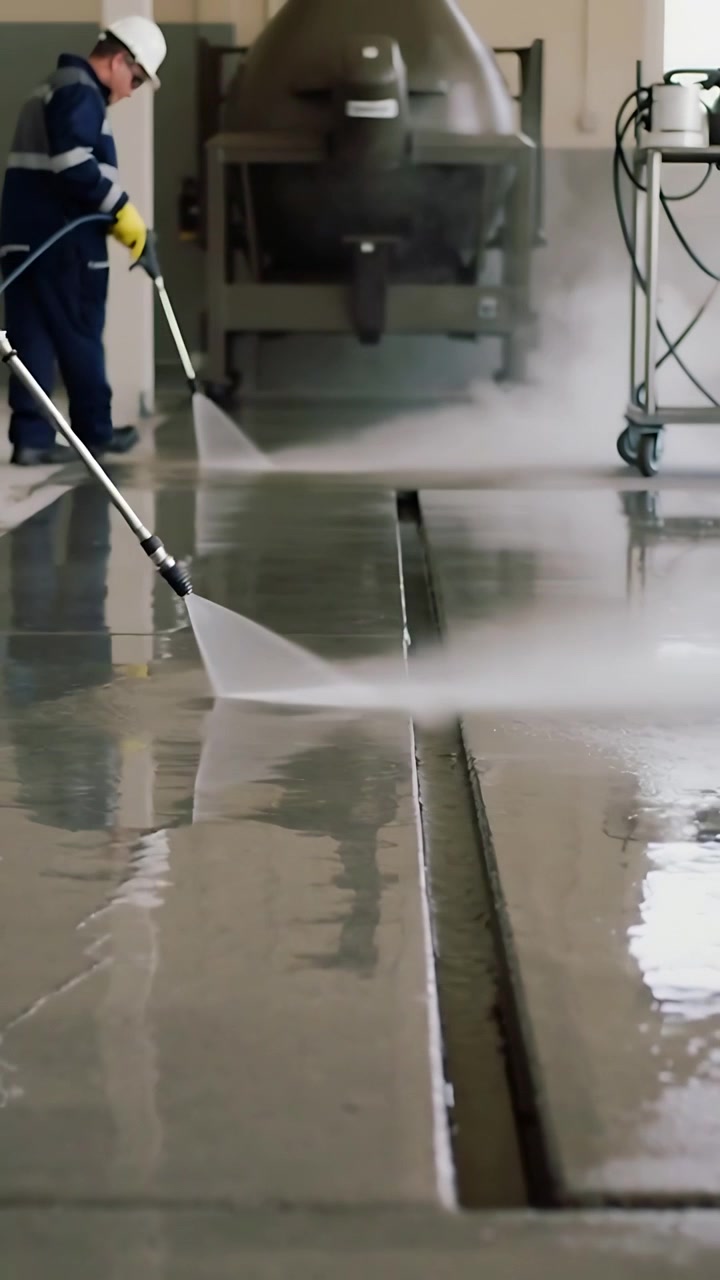 Vertical video: Wand entering worker cleaning floor aiming water to trench in hard hat, copy space