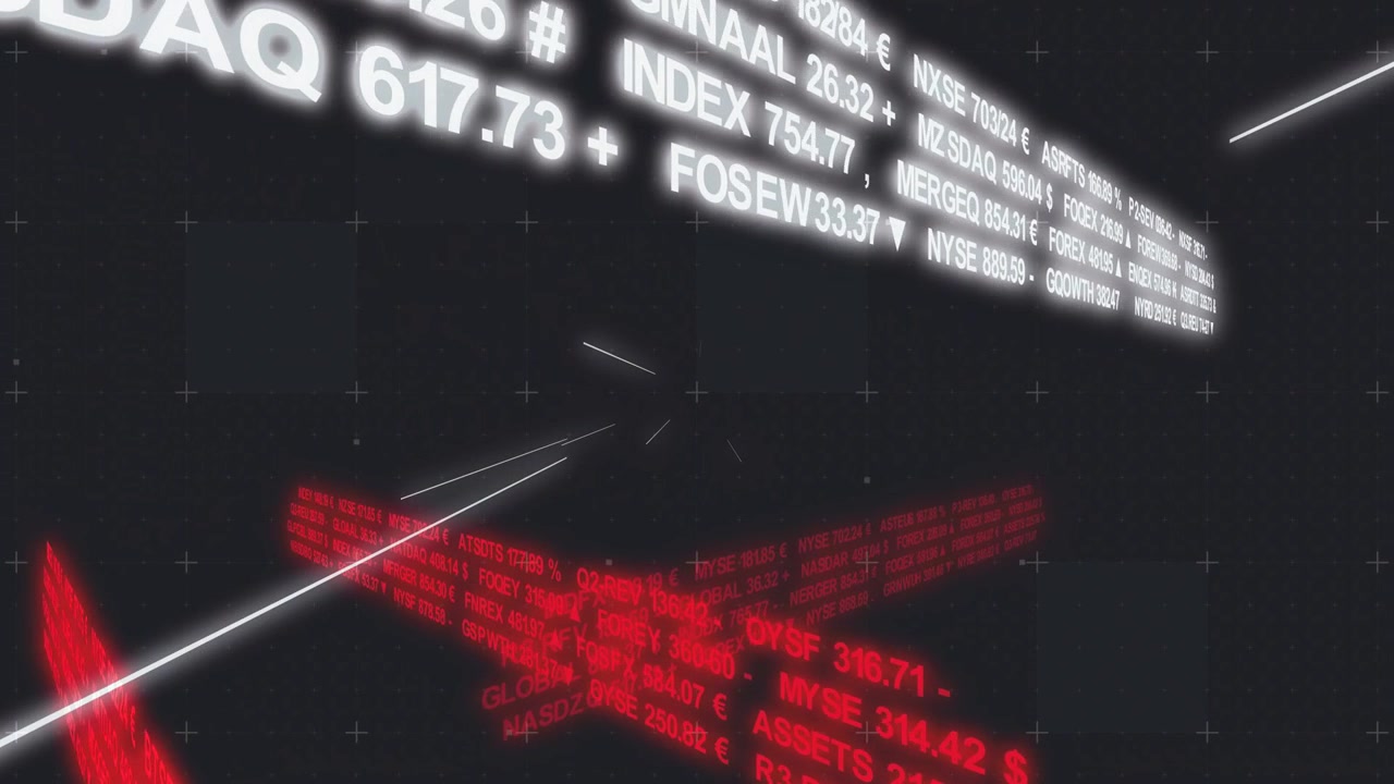 On camera drift, white, red ticker ribbons swinging, streaks converging, visualizing market data