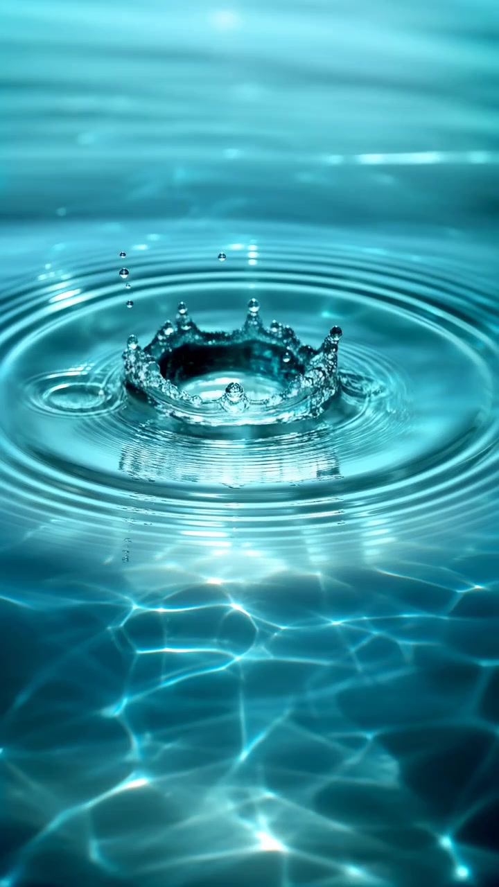 Ein leichter Aufprall erzeugt einen klaren Wasserring und verstreute Tropfen, bevor er in sich ausbreitende konzentrische Wellen übergeht, wobei leuchtende aquafarbene Reflexionen auf der flachen Oberfläche sichtbar sind.