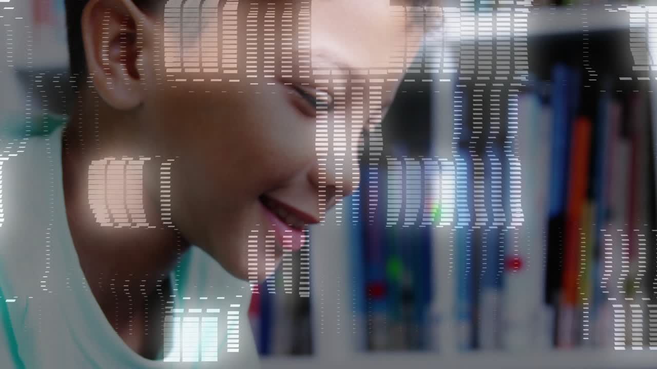 Schoolboy lifting head smiling in library as binary overlay intensifying coding education
