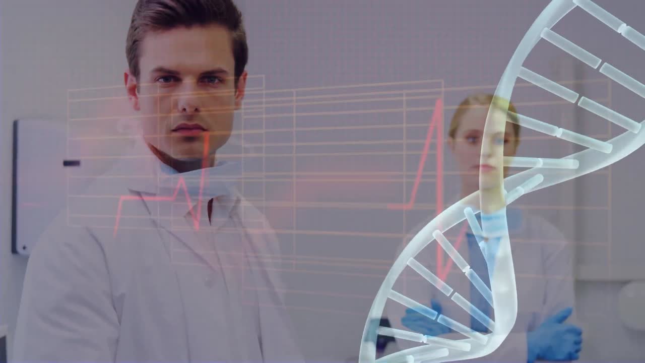 Animace otáčejícího se DNA řetězce a zpracování lékařských dat nad kavkazským zubařem a zubařkou