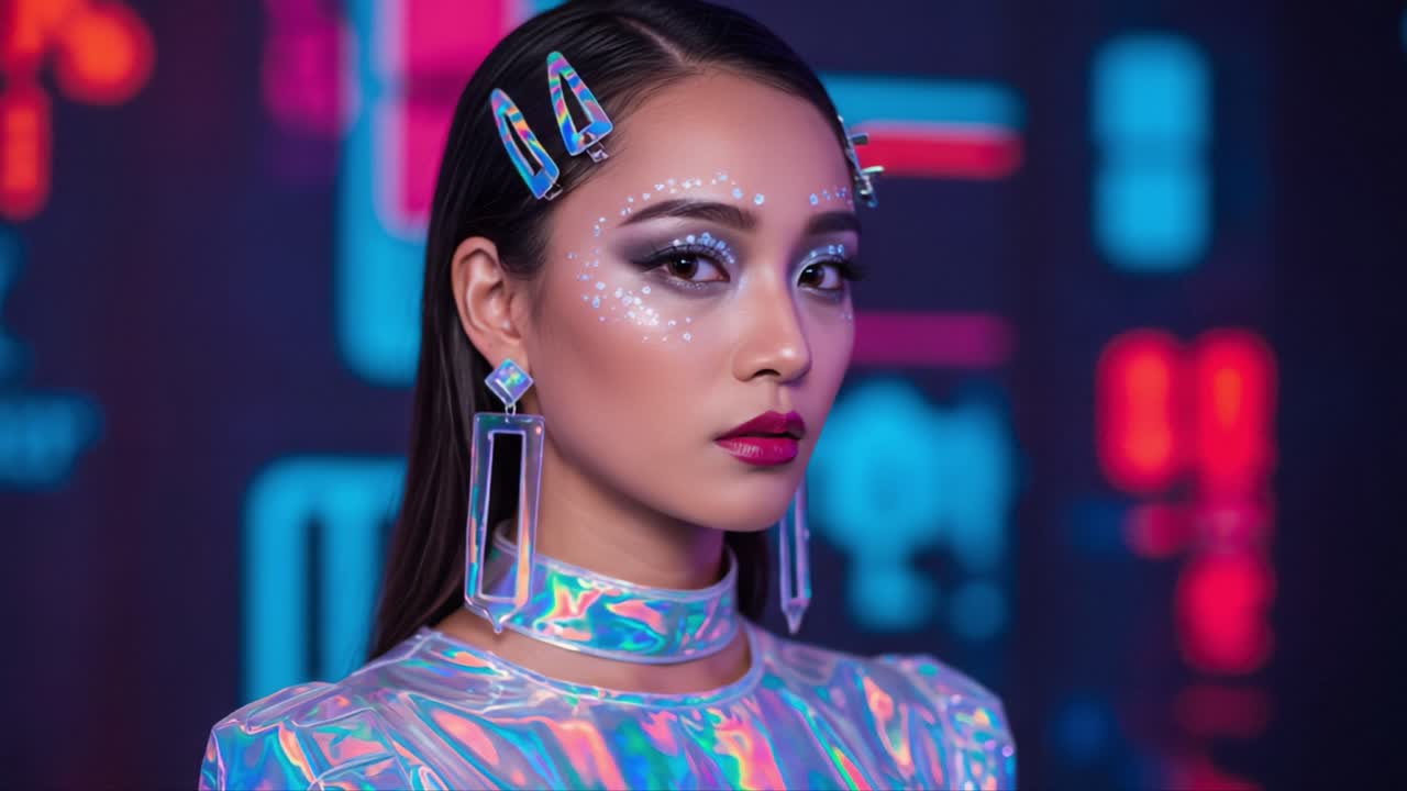 A Stunning Portrait of a Model Showcasing Futuristic Fashion and High-Impact Makeup with a Colorful Neon Background, Captivating the Audience with Its Elegance and Style