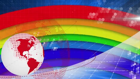 Animation-of-rotating-red-and-white-globe-and-data-processing-on-bands-of-rainbow-colour