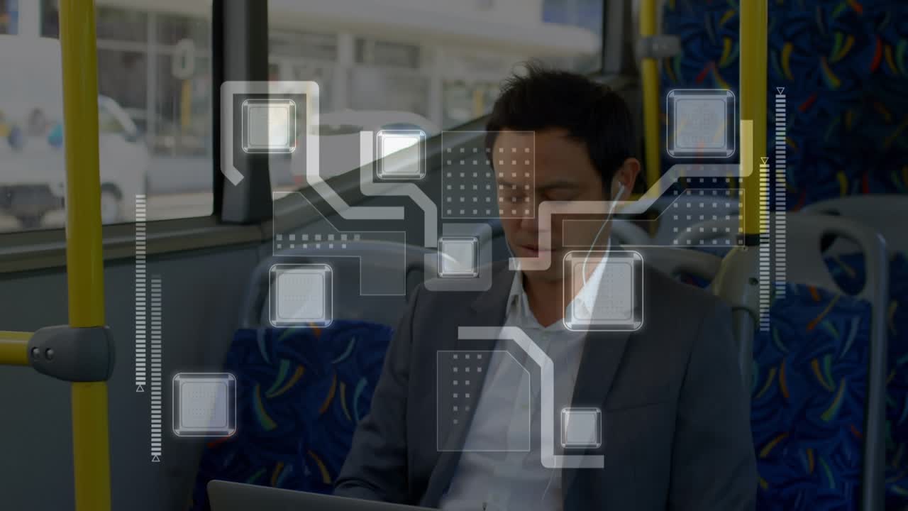 Animation of connections and data processing over man using smartphone on bus
