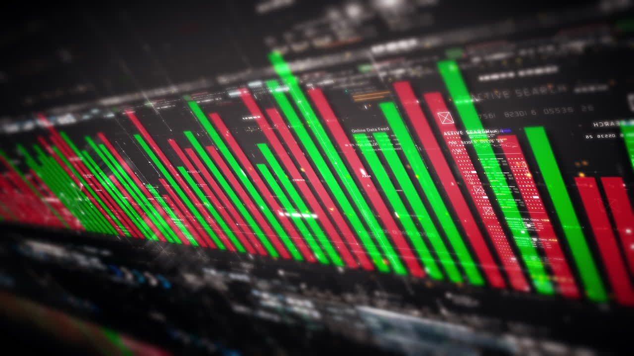 Borsa valori, trading, infografica aziendale con grafici animati, diagrammi e analisi approfondita dei dati numerici, da mostrare su schermo monitor per un mock-up di riunione aziendale