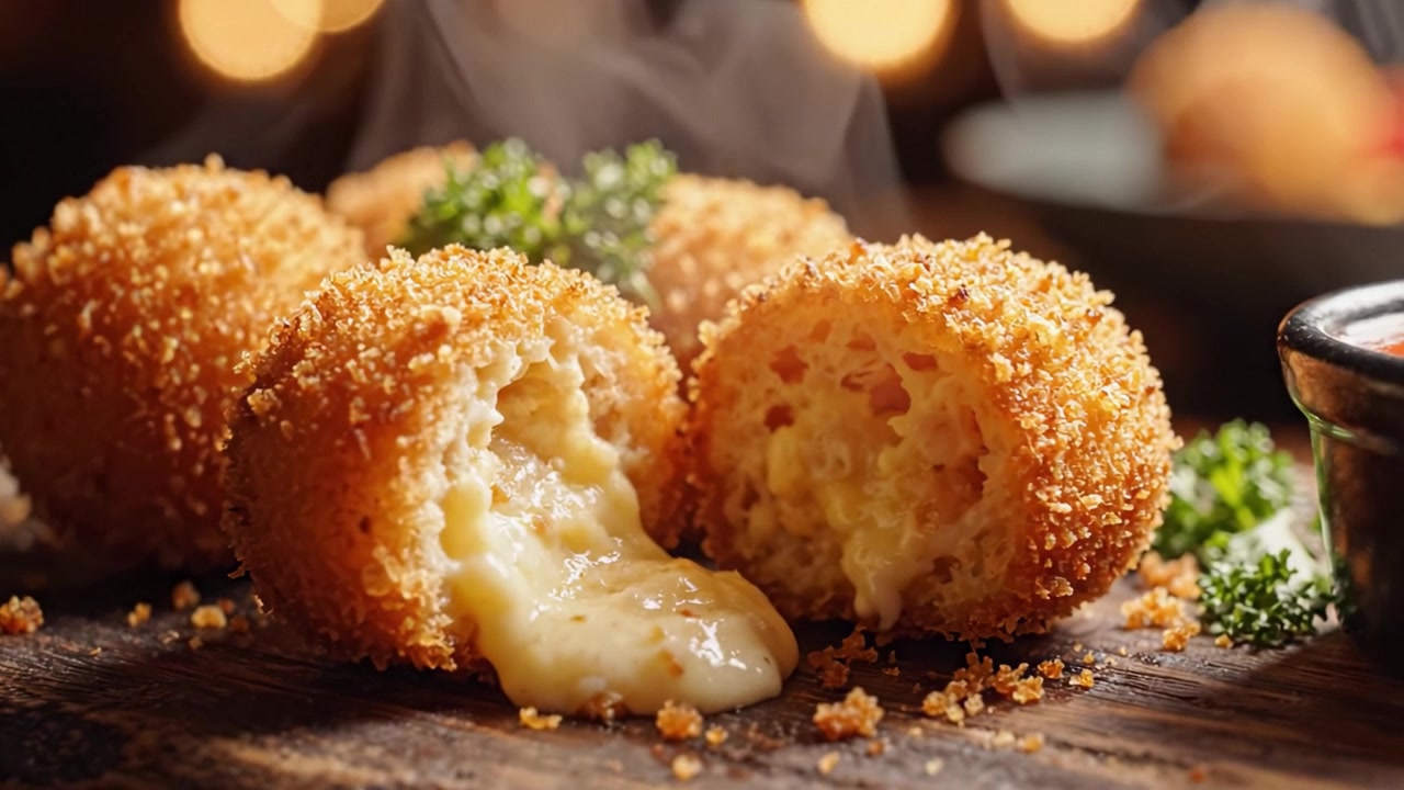 Palline di formaggio dorate e croccanti ripiene di formaggio cremoso e filante, sontuosamente ricoperte di pangrattato croccante, perfette come antipasto e spuntino con salsa per intingere.