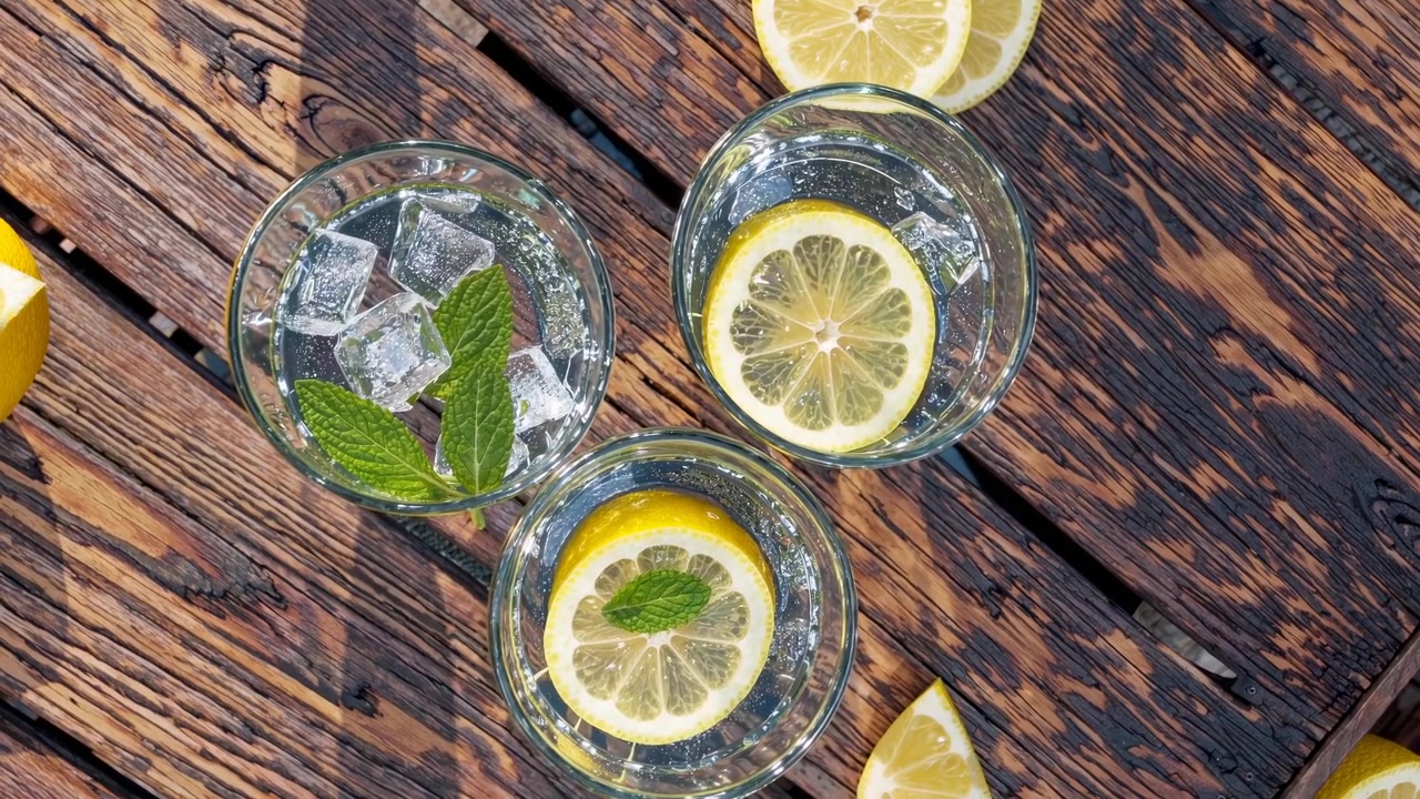 Acqua rinfrescante al limone e menta con ghiaccio su un tavolo di legno