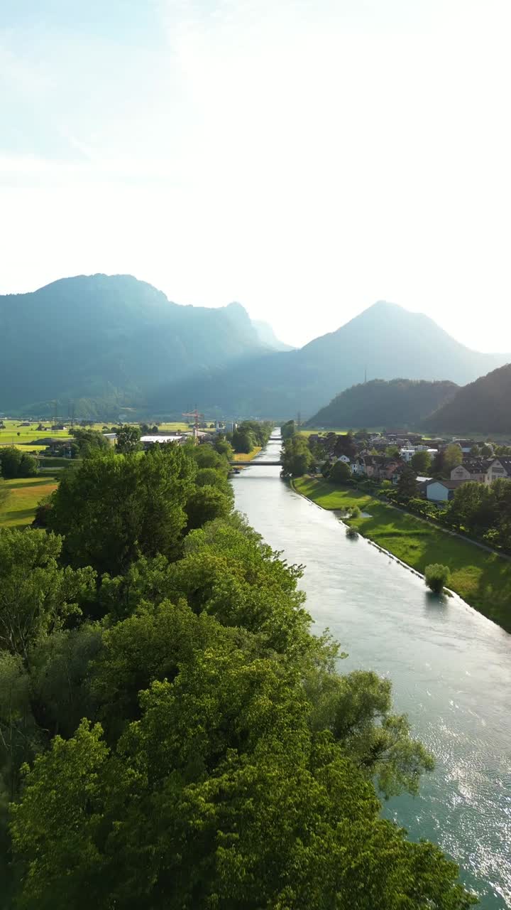 Scenic view Linth Canal valley surrounding mountains region of Amden Weesen Switzerland