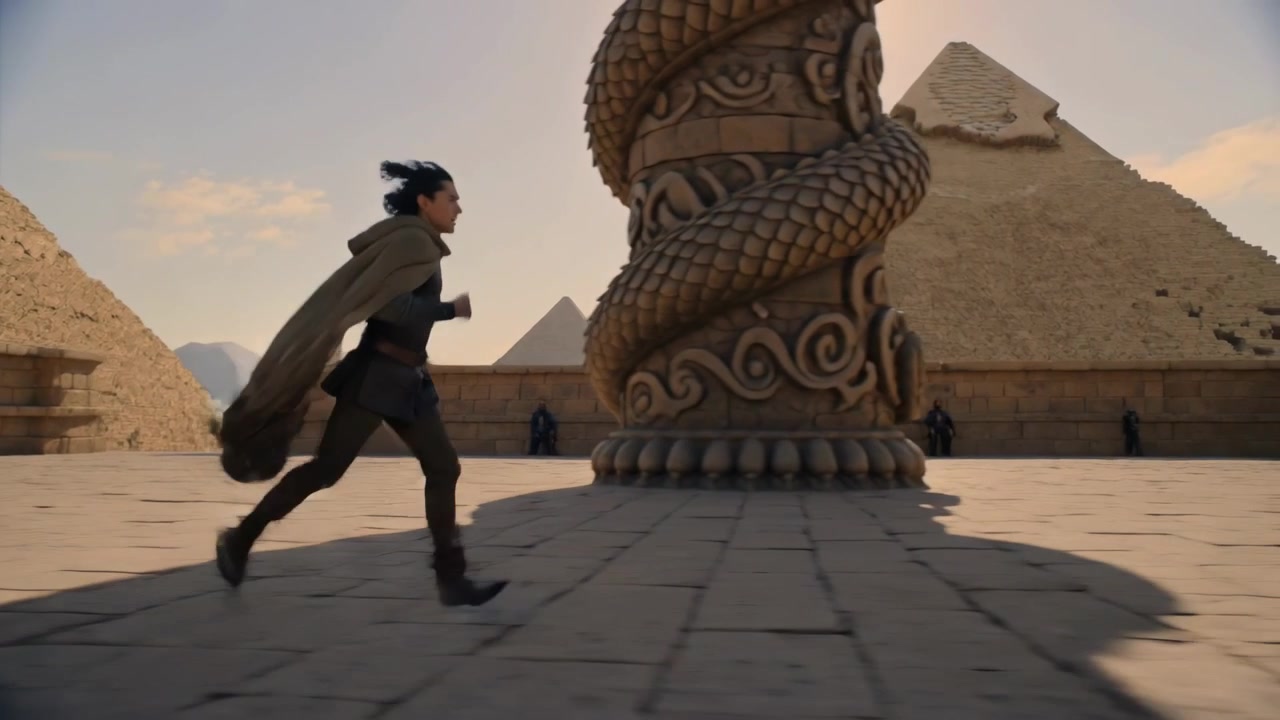 Uomo adulto con mantello scuro che scatta attraverso una piazza di pietra, oltre un pilastro a forma di serpente e piramidi, con spazio per il testo.