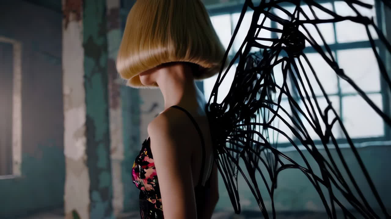 버려진 건물에서 천사의 날개를 가진 여자