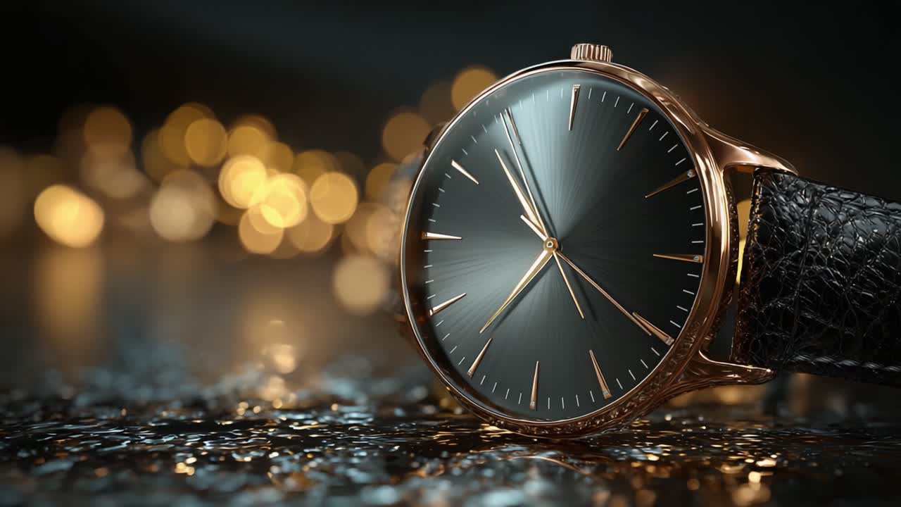 En närbild av en lyxig analog klocka med en elegant mörkgrå urtavla och detaljer i roséguld, framhävd av en bländande bokeh-bakgrund av skimrande ljus.