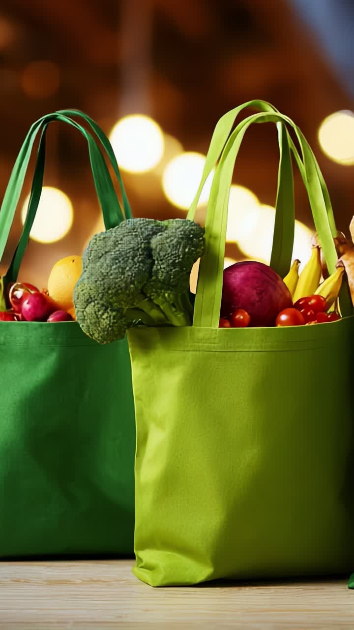 Lebendige, umweltfreundliche Einkaufstaschen gefüllt mit frischem Obst und Gemüse, mit grünem Brokkoli, bunten Tomaten und Bananen vor einem warmen Hintergrund