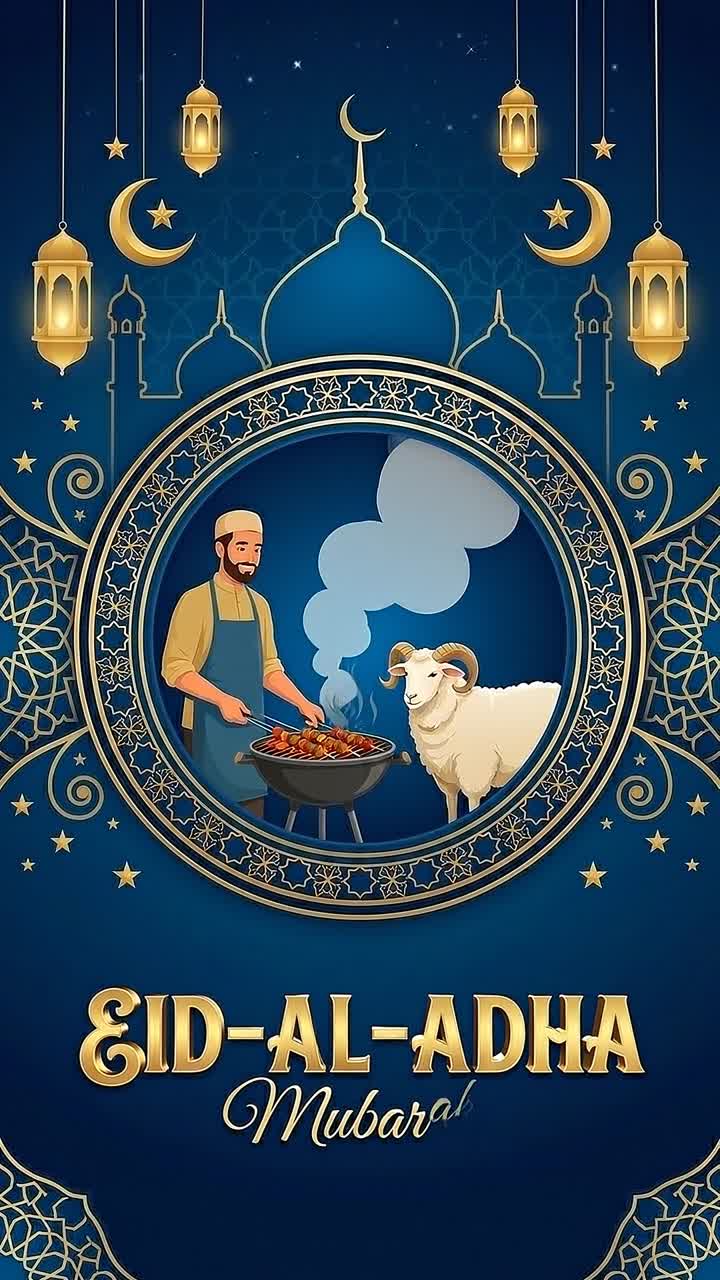 Grafica animata per storia di auguri Eid Al Adha con pecora e chef che grigliano spiedini all'interno di un design a cornice di moschea ornata su sfondo decorativo