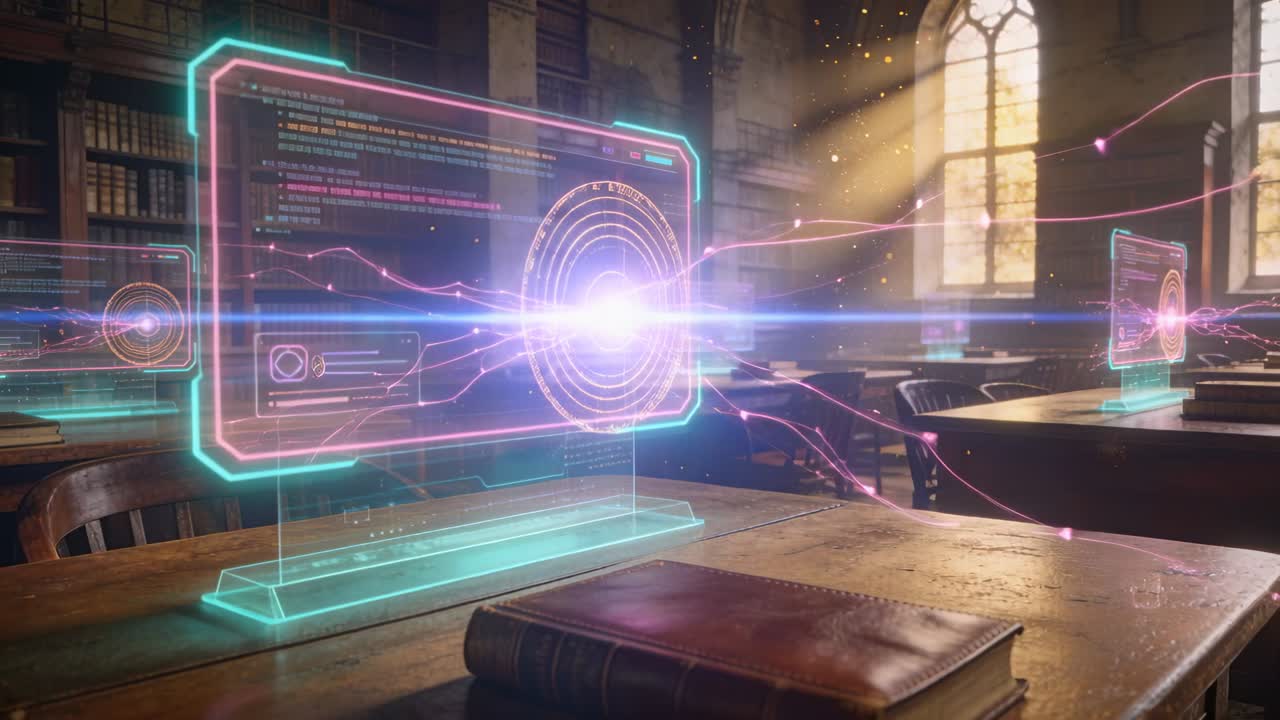 Vertical video: Brightening main hologram sending energy rings through library, linking displays