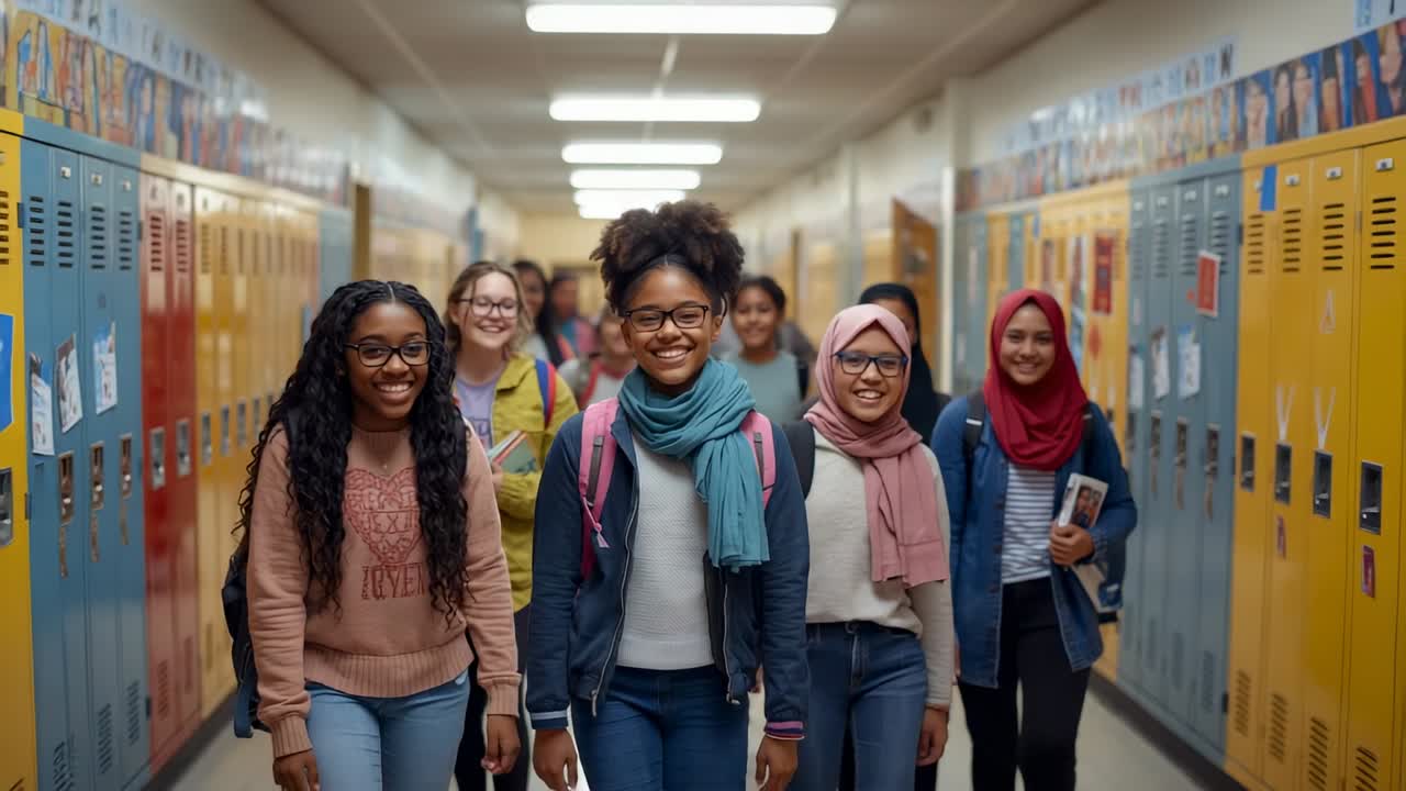 Walking toward camera eight high school girls appearing at corridor end with lockers and backpacks