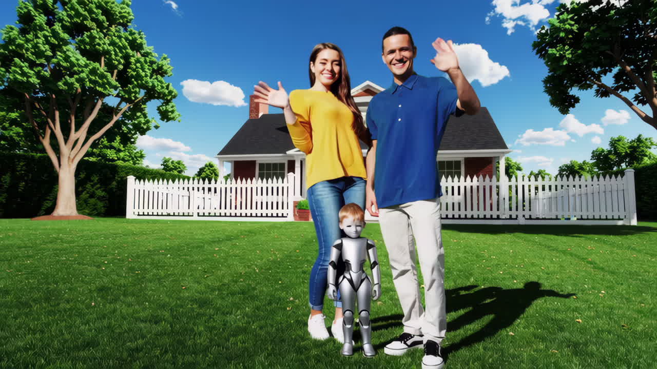 Family with a Robot Child in Front of a House