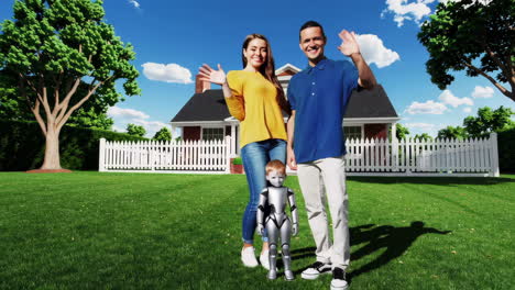 family with a robot child in front of a house