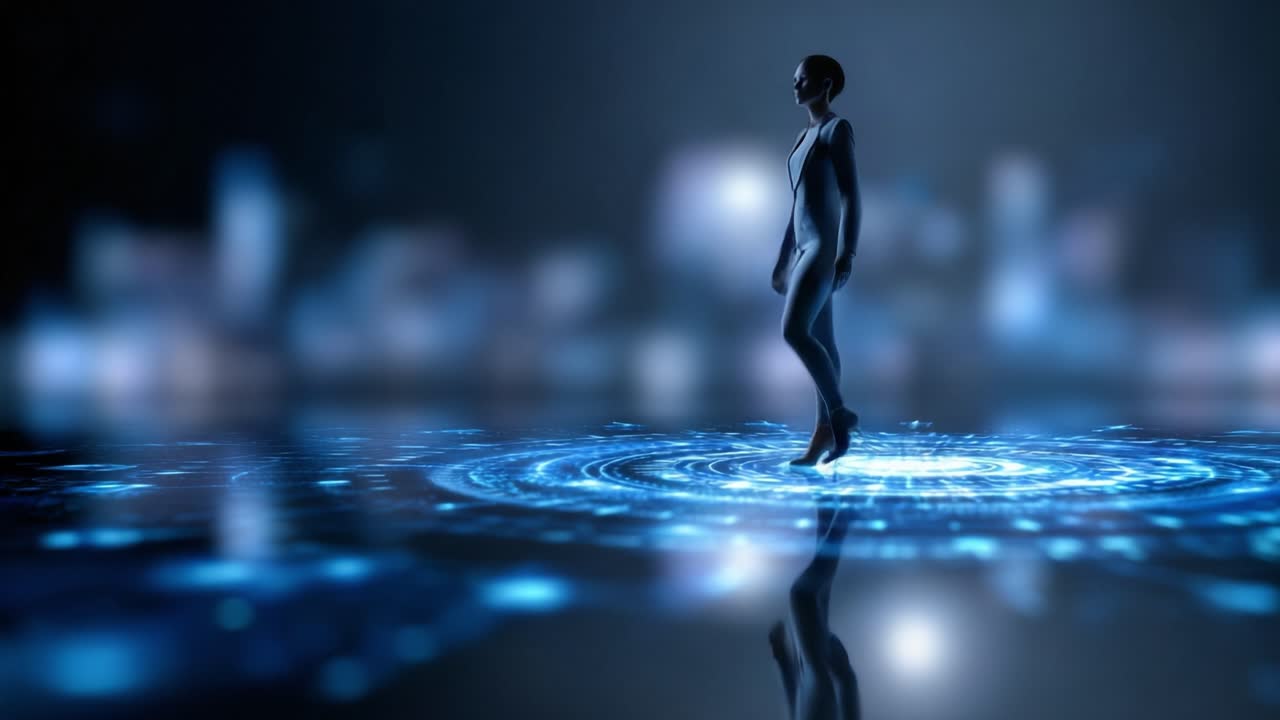 A futuristic figure stands on a glowing, circular platform with vibrant lines and patterns, embodying technology and innovation in an ethereal environment
