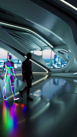iridescent humanoids in a futuristic urban landscape