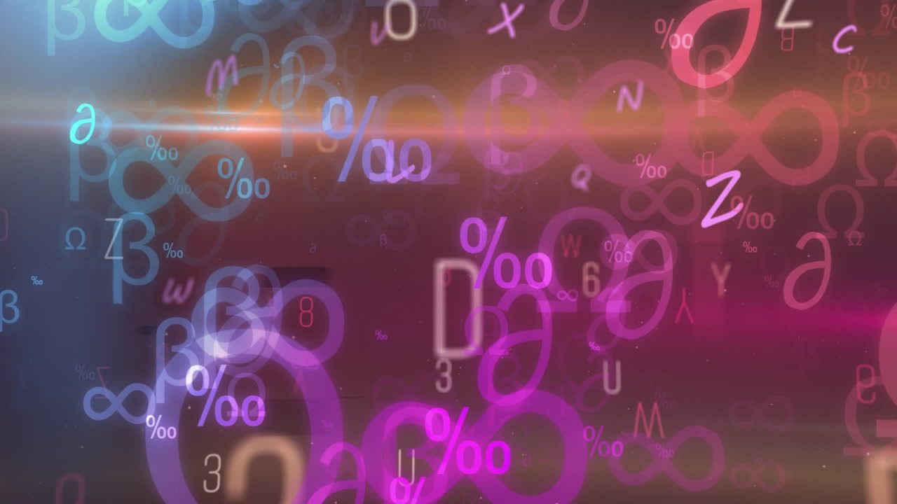 múltiples números cambiantes símbolos alfabetos flotando contra un punto de luz en un fondo oscuro