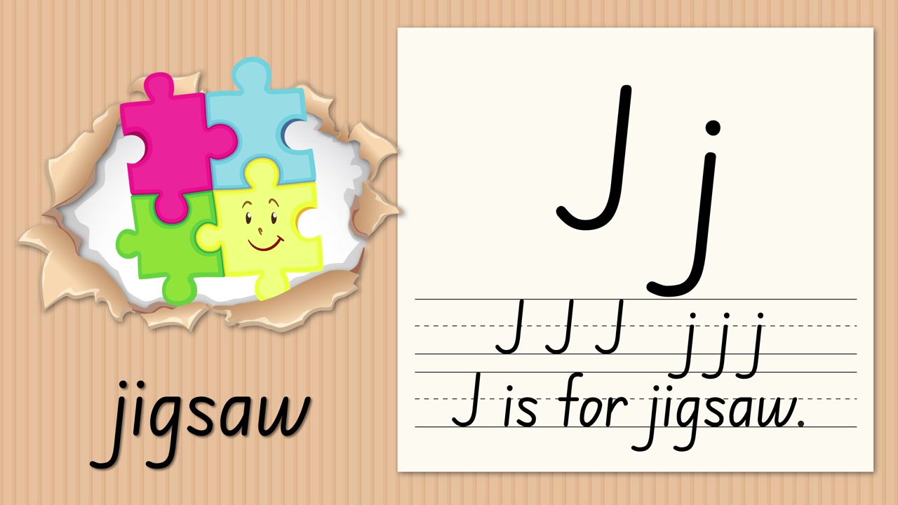 Video educativo animato che insegna la lettera J utilizzando un puzzle ed esercizi di pratica della scrittura a mano.