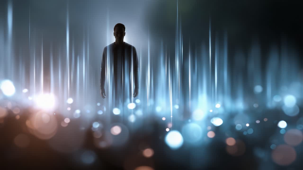 Ethereal Silhouette in a Dreamlike Landscape with Glowing Lights and a Mysterious Aura Surrounding a Figure Emerging from a Vibrant, Abstract Background