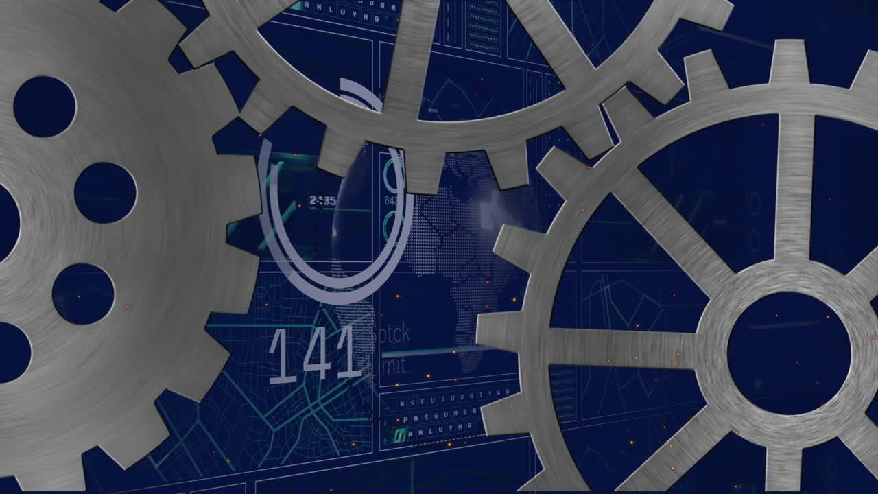 Animation of rotating gears with data visualization on digital interface at school