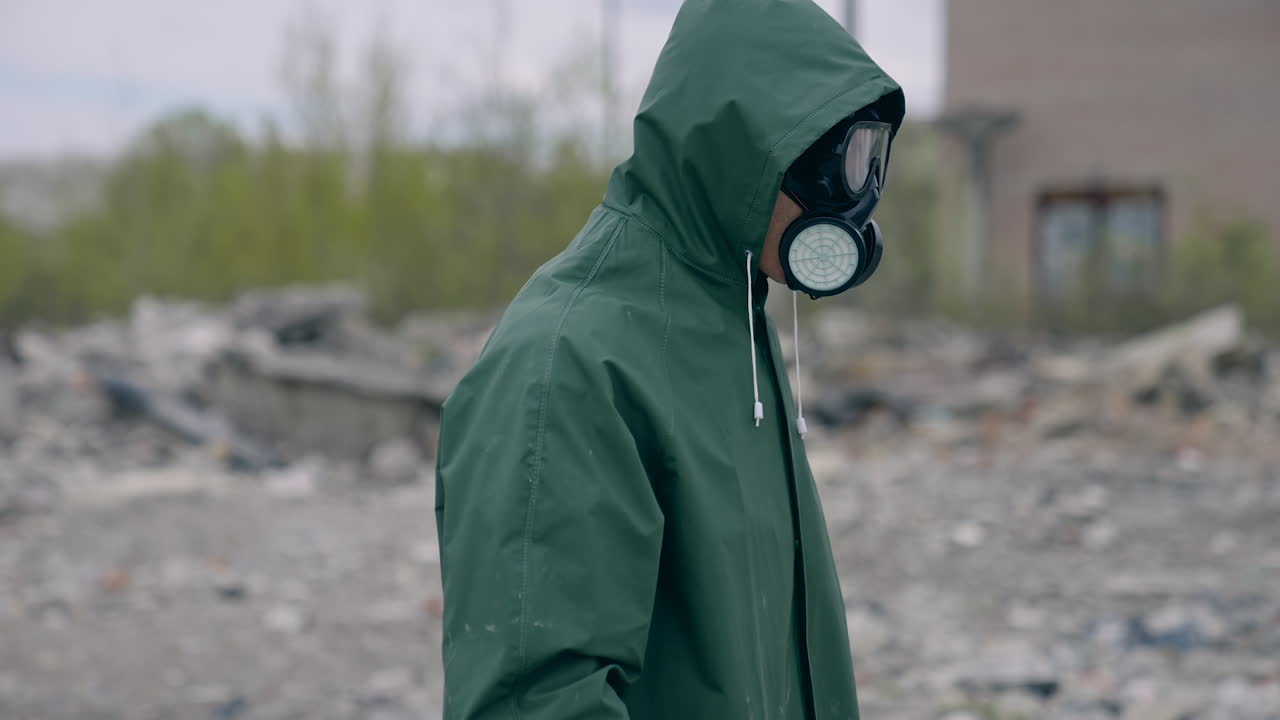 Industrial radiation environment pollution. Man wearing gas protection suit.