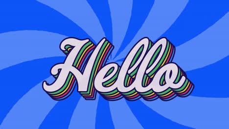 animation of hello text banner against radial rays in seamless pattern on blue background