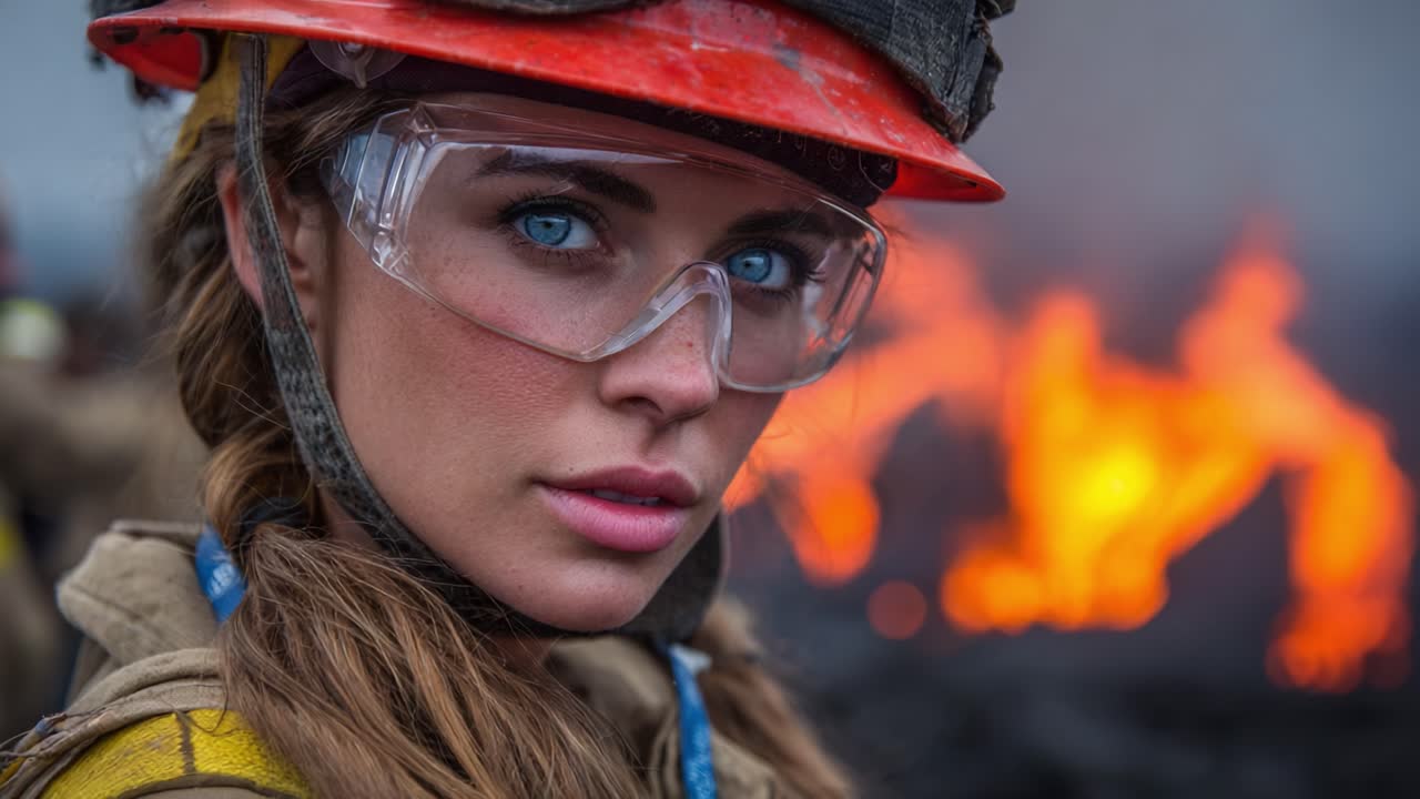 A Determined Firefighter's Gaze: Capturing the Resilience and Strength of a Woman in the Face of Fiery Challenges in a Dangerous Environment